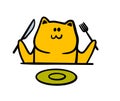 Hungry cat sits at the table in front of an empty plate with a fork and knife and waits for lunch. Vector illustration