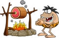 Hungry Caveman Cartoon Character Cooking Meat