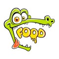 Hungry crocodile with open mouth and empty space, cartoon personage for cafe. The inscription food