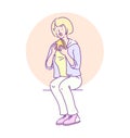 Hungry cute teenage girl sitting and eating sandwich Royalty Free Stock Photo