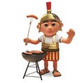 Hungry 3d cartoon Roman legionnaire solder cooking on a barbecue bbq, 3d illustration