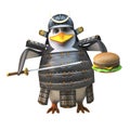 Hungry 3d samurai penguin warrior points katana at tasty cheese burger