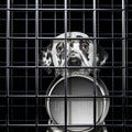 Hungry dalmatian dog with empty bowl is punishe in cage