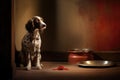 hungry dog waiting near a full dog bowl