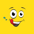 Hungry emoticon or emoji face on yellow background. Yummy yellow smiley in comic book style. Vector emoji tasty icon. Royalty Free Stock Photo
