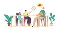 Hungry Family Waiting Dinner. Young Father, Little Daughter and Son Characters Sitting around Table on Kitchen with Fork