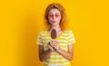 hungry girl with icecream on background. photo of girl with icecream at summer. Royalty Free Stock Photo