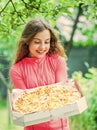 Hungry girl pizza box nature background, summer picnic ideas concept Royalty Free Stock Photo