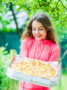 Hungry girl pizza box nature background, summer picnic ideas concept