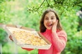 Hungry girl pizza box nature background, yummy picnic food concept Royalty Free Stock Photo