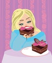 Hungry gluttonous woman eating pie Royalty Free Stock Photo