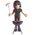 Hungry goth girl cooking sausages on a barbecue bbq, 3d illustration
