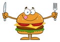 Hungry Hamburger Cartoon Character With Knife And Fork Royalty Free Stock Photo