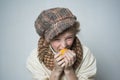 Hungry and homelss. old fashioned child in beret. street kid with dirty face. vintage english style. retro fashion model Royalty Free Stock Photo