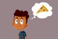 Hungry Kid Thinking about Pizza Snack Vector Cartoon Illustration