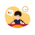 A hungry kid waiting for iftar time or break fasting vector illustration. children`s ramadan activity concept design