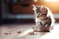 Hungry kitty: cat\'s mealtime on the floor Royalty Free Stock Photo