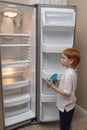 Hungry little boy looking into empty fridge