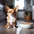 hungry little dog siting on the ground with a filled bowl