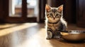 Hungry little kitten sitting on the floor near his empty bowl