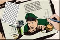 A hungry man in uniform looks at food. Stock illustration.