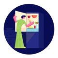 Hungry Man Wearing Pajamas Stand at Open Refrigerator at Night Going to Eat. Male Character Searching Meal at Darkness Royalty Free Stock Photo