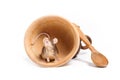Hungry mouse in an empty wooden bowl