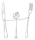 Person Holding Knife and Fork, Vector Cartoon Stick Figure Illustration