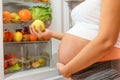 A hungry pregnant woman standing near refrigerator looking for healthy food during pregnancy. Royalty Free Stock Photo