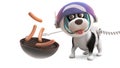 Hungry puppy dog in spacesuit cooking frankfurters on barbecue bbq, 3d illustration