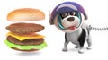 Hungry puppy dog in spacesuit watches cheese burger assemble itself, 3d illustration