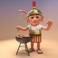 Hungry Roman legionnaire soldier in armour is cooking sausages on a barbecue bbq, 3d illustration