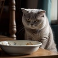 Hungry sad cat, gray British shorthair cat looks at an empty bowl and is sad, portrait,