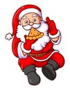 The hungry santa claus is eating delicious pizza and giving a thumb up