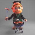 Hungry Scottish man in kilt cooks sausages on the barbecue bbq, 3d illustration