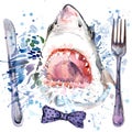 Hungry shark T-shirt graphics. shark illustration with splash watercolor textured background. unusual illustration watercolor hung