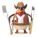 Hungry sheriff penguin the brave cowboy is hungry and holds his knife and fork ready, 3d illustration Royalty Free Stock Photo