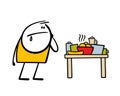 Hungry stickman in a restaurant looks at table with food. Vector illustration of various dishes and drinks and unhappy