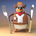 Hungry Wild West sheriff cowboy penguin holds his knife and fork ready for beans, 3d illustration