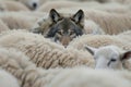 A hungry wolf hides among a flock of sheep. Generative AI Royalty Free Stock Photo