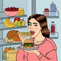 Hungry Woman Eating Unhealthy Food Near Fridge. Pop Art. Vector