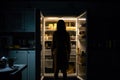 Hungry woman looking for food in fridge at night. Generative AI Royalty Free Stock Photo