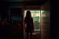 Hungry woman looking for food in fridge at night. Generative AI Royalty Free Stock Photo