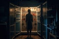 Hungry woman looking for food in fridge at night. Generative AI Royalty Free Stock Photo