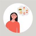 Hungry woman thinking about food. Female dreams of fast food. Flat vector illustration