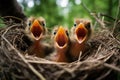 Hungry bird nestlings in nest with wide open mouth waiting to be fed
