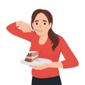 Hungry young woman eating cake suffer from eating disorder. Happy girl enjoy chocolate dessert. Guilty pleasure Royalty Free Stock Photo