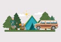 Hunt equipment vector illustration. Huntsman amunition collection with tent and car at forest outdoor. Hunter with