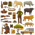 Hunt safari vector hunterman character in Africa with hunting ammunition or hunters equipment rifle shooting and african