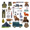 Hunt vector hunting ammunition or hunters equipment rifle shooting and backpack in camping with animals duck bear, boar